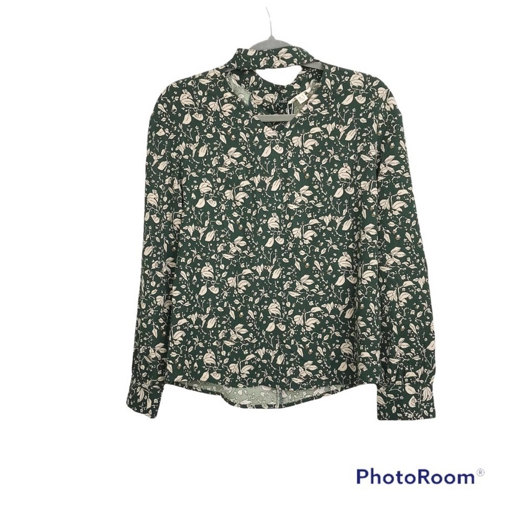 The Korner floral leaf print choker long sleeve blouse NWT